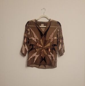 bohemian chic, sheer patchwork velvet and sequined brown top